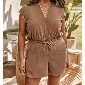 Summersault V-Neck Terry Romper‎ Brown Elastic Drawstring Waist Brown Size Large